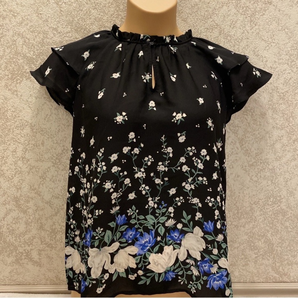 Old Navy Black Floral Top with Blue and White Details